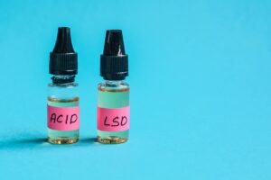 Dropper bottle of liquid LSD used for microdosing and psychedelic therapy