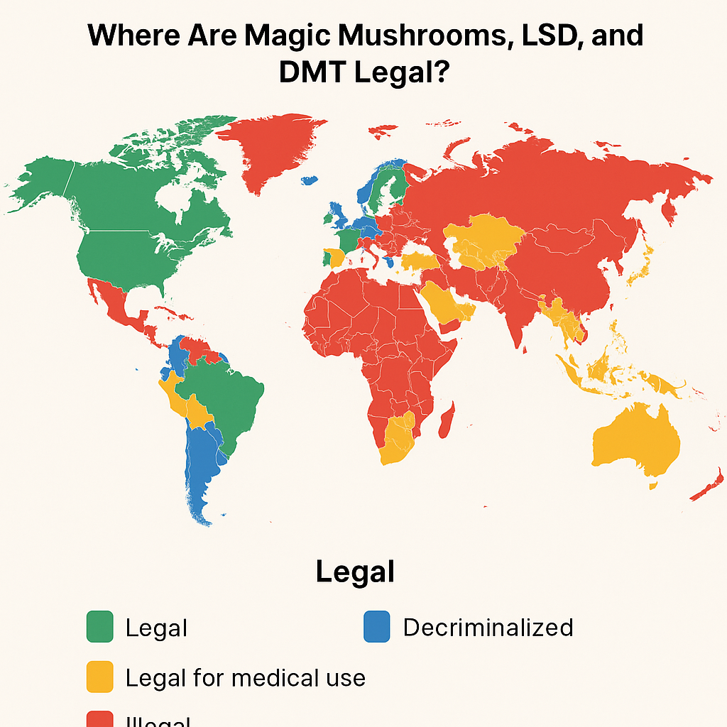 World map infographic showing the 2025 legal status of psychedelics including psilocybin, LSD, and DMT. Countries and states are color-coded to indicate where psychedelics are legal, decriminalized, permitted for medical or religious use, or illegal.
